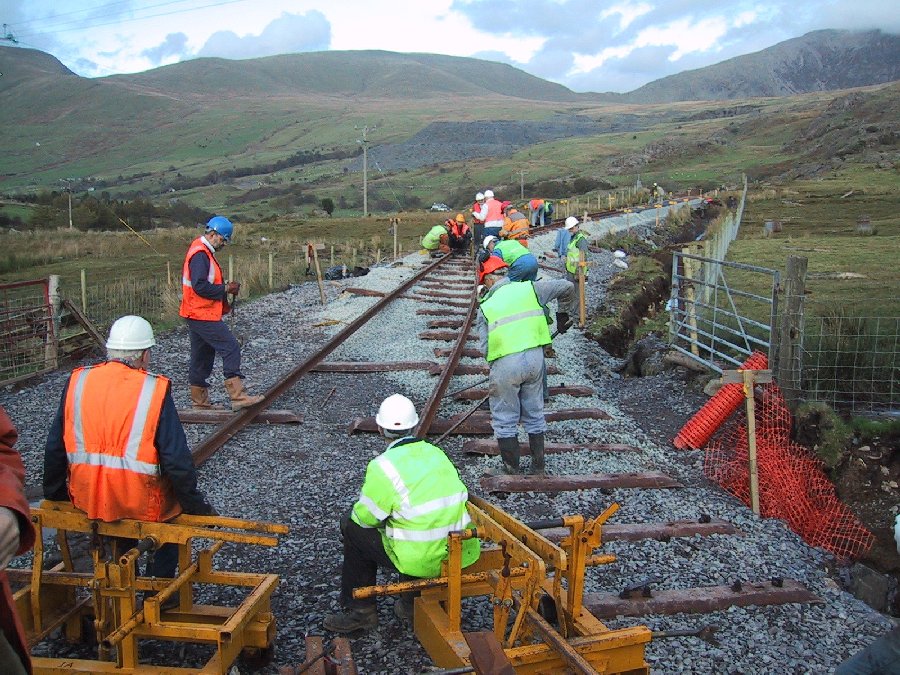 Scenic view in Snowdonia/Eryri with a volunteer working party working on the railway